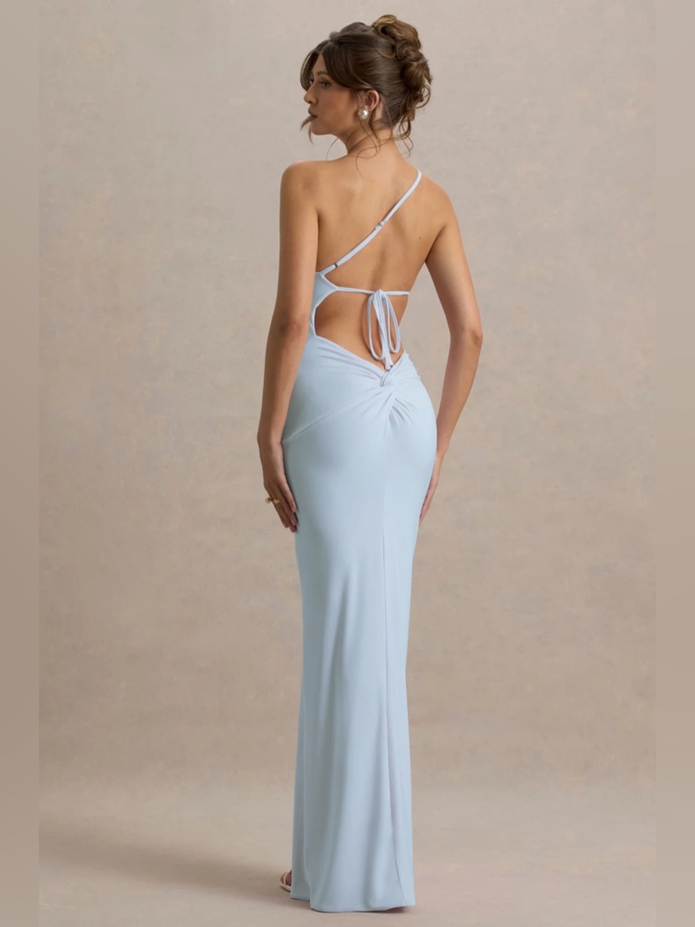 BLACK CLUB L LONDON Asymmetric Backless Evening Gown with Tie Detail